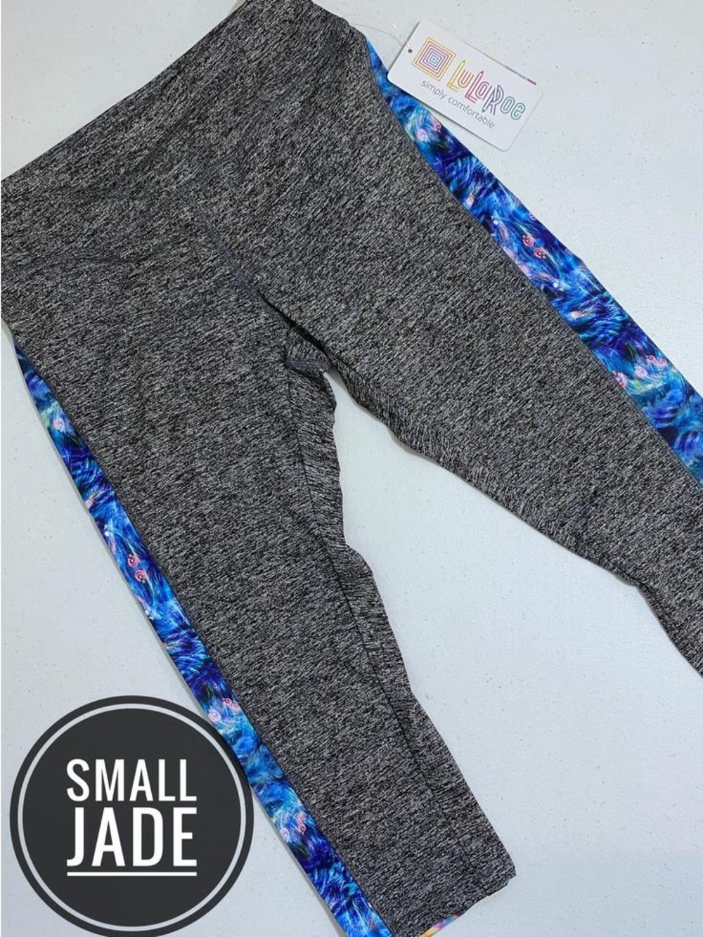 LuLaRoe Jade Workout with Blue Patterned Side Panel